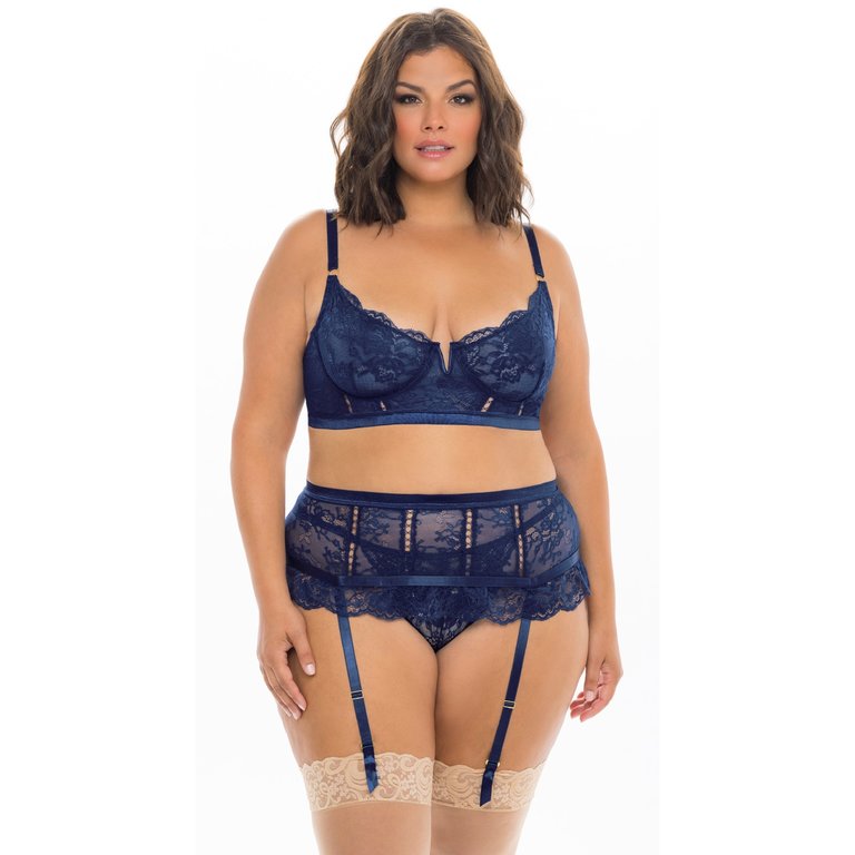 Oh La La Cheri Estate Blue Longline Skirted Three Piece Set - Curvy