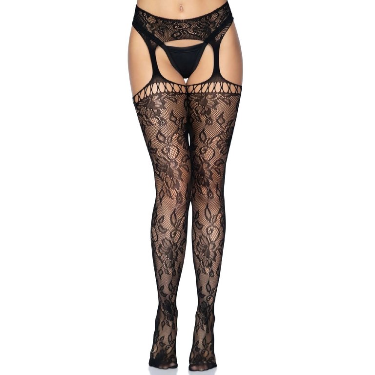 Leg Avenue Floral Lace Garter Belt and Attached Stockings Set - One Size Fits Most