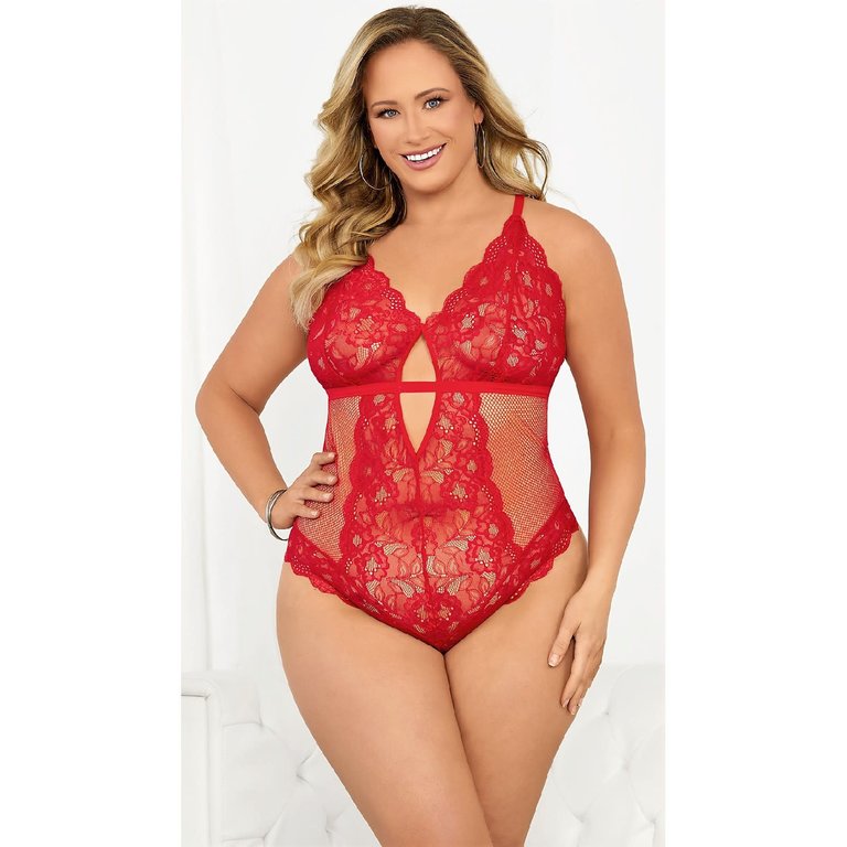 Escante Red Hot Fishnet and Lace Teddy - Curvy