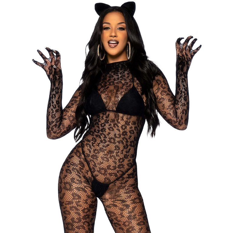 Leg Avenue Seamless Leopard Net Gloved Catsuit - One Size Fits Most