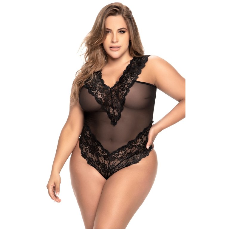 Mapale Criss-Cross Back Sheer Lace and Mesh Teddy - Curvy