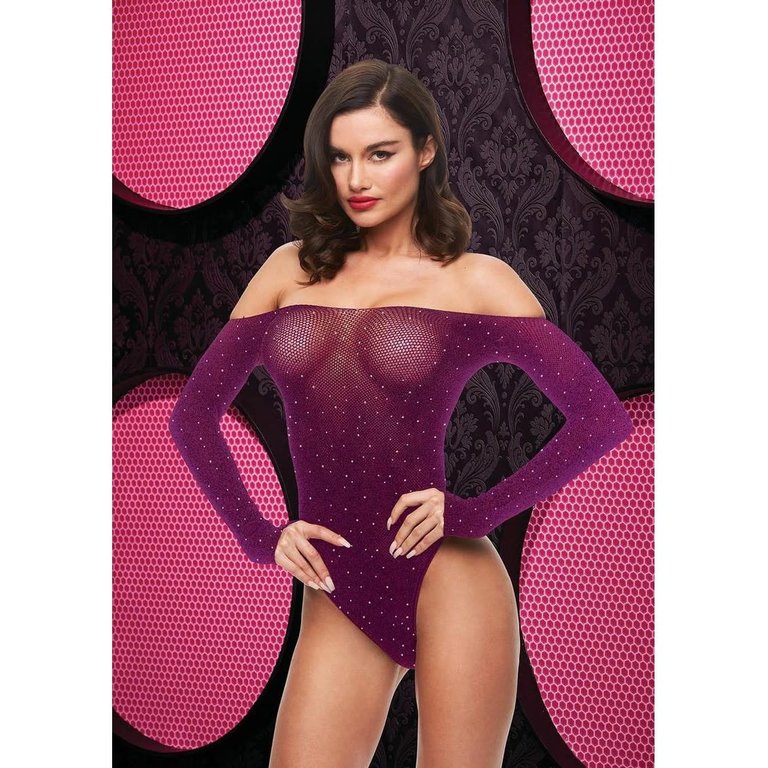 XGen Off The Shoulder Fishnet and Rhinestones Teddy - One Size Fits Most Purple