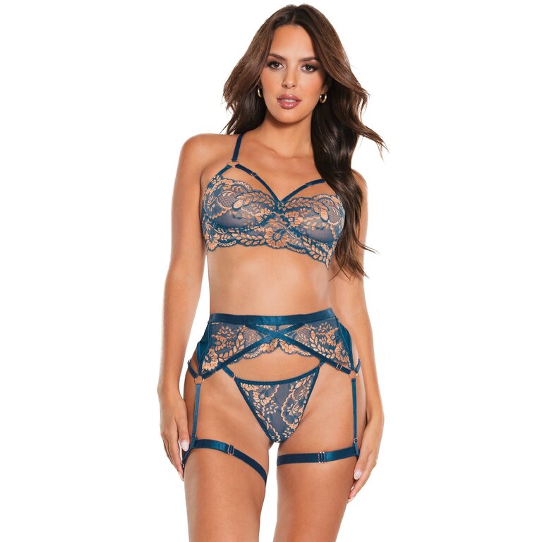 Coquette Teal Contrast Lace Gartered Three Piece Set