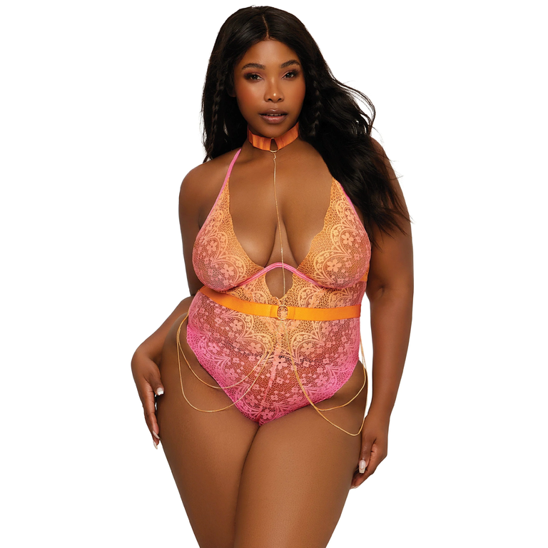 Dreamgirl Ombré Floral Lace and Chains Collared Teddy - Curvy