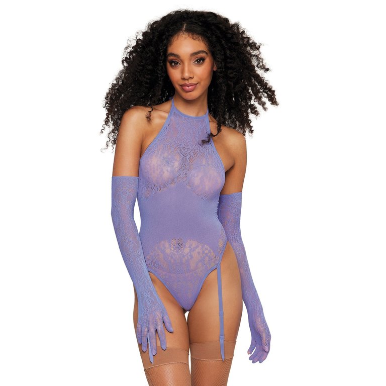Dreamgirl Wisteria Seamless Gartered Teddy with Gloves - One Size Fits Most