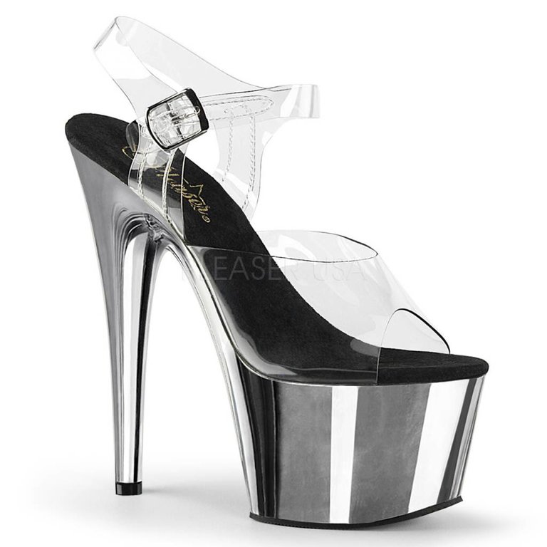 Pleaser 7" Spike Heel Chrome Platform w/Clear Ankle Strap