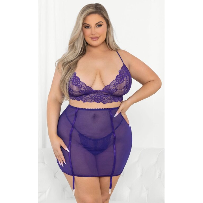 Escante Midnight Purple Sheer Lace and Mesh Skirted Three Piece Set - Curvy