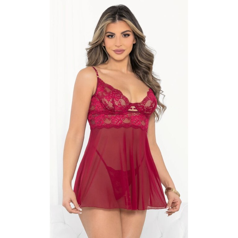 Escante Cranberry Kisses Sheer Lace and Mesh Jeweled Babydoll Set