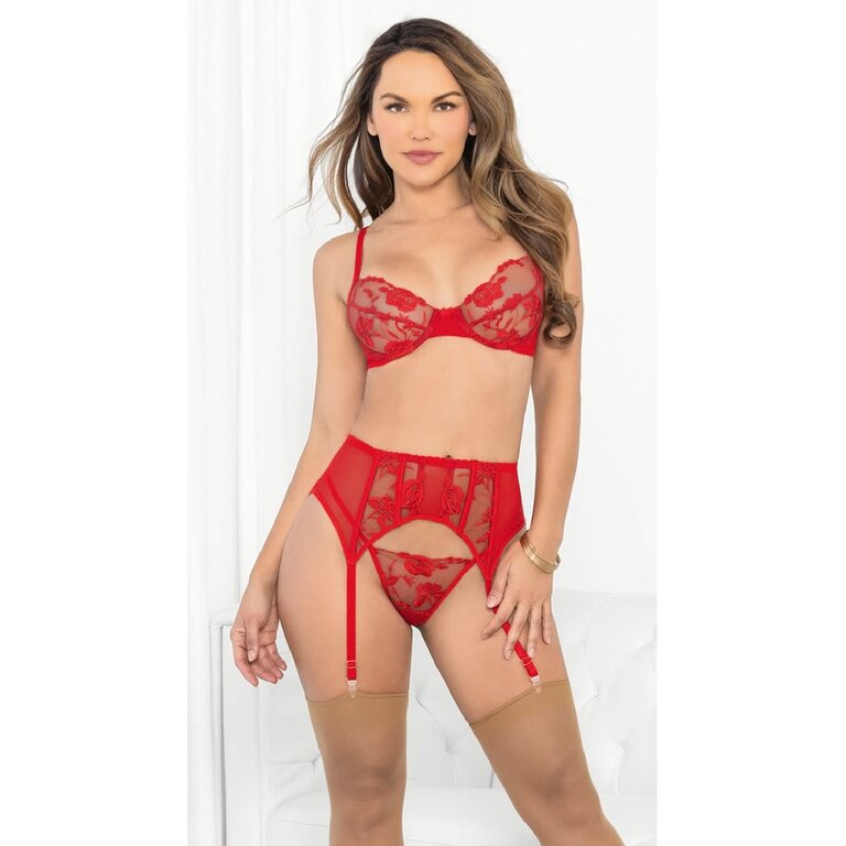Escante Romantic Red Rose Embroidered Three Piece Set