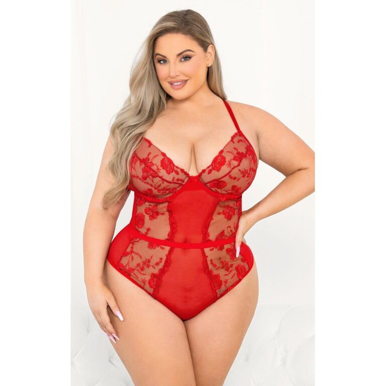 Escante Romantic Red Rose Embroidered Teddy - Curvy