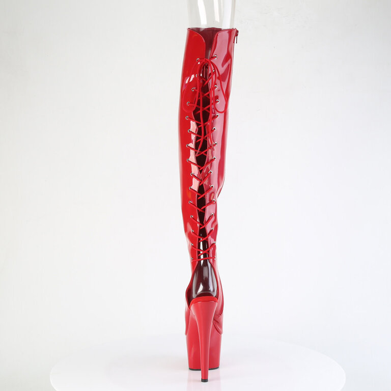 Pleaser ADO3019HWR 7" Red Patent Open Toe/Heel Holographic Thigh High Boot