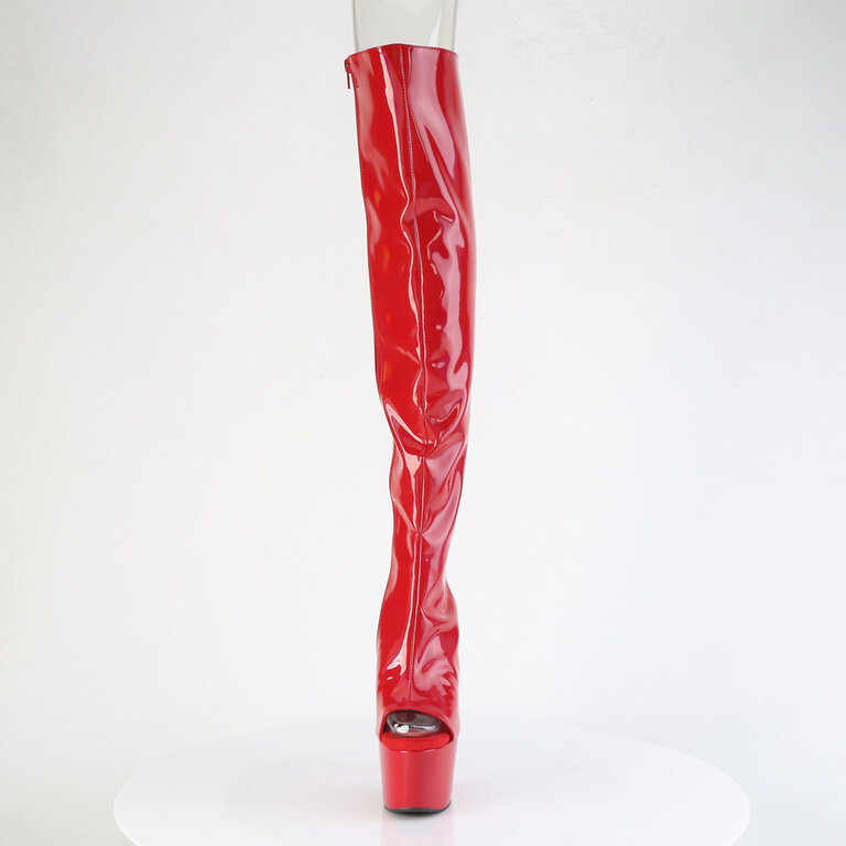 Pleaser ADO3019HWR 7" Red Patent Open Toe/Heel Holographic Thigh High Boot