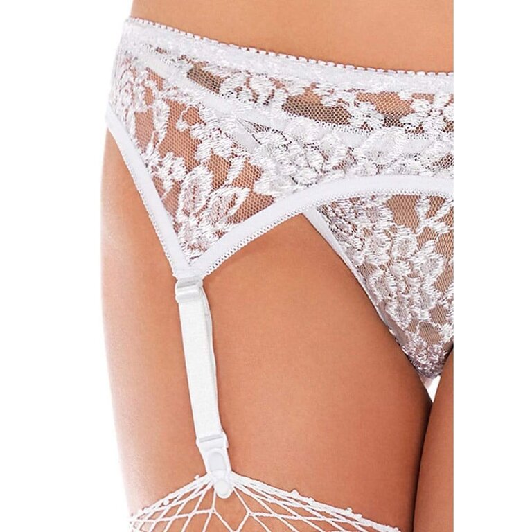 Leg Avenue Embroidered Floral Lace and Mesh Garter Belt and Thong Set - One Size Fits Most