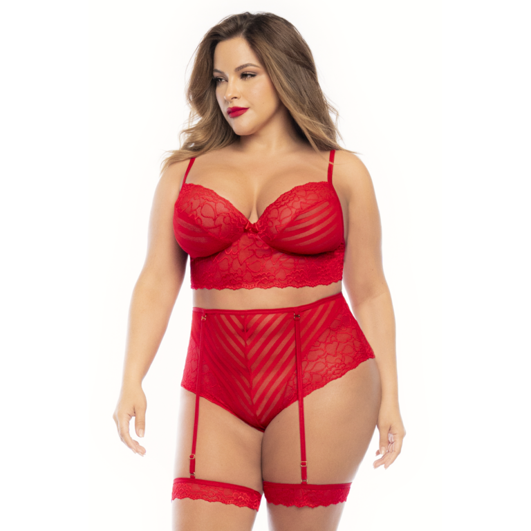 Mapale Red Sheer Mesh and Stripes Gartered Two Piece Set - Curvy