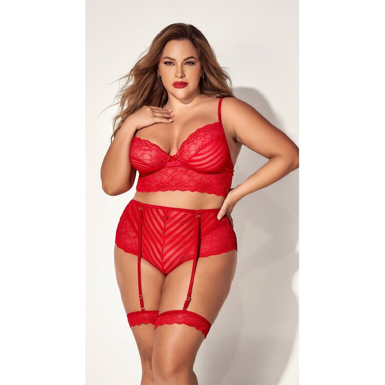 Mapale Red Sheer Mesh and Stripes Gartered Two Piece Set - Curvy