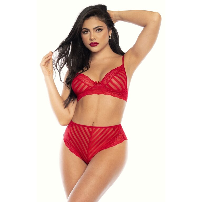 Mapale Red Sheer Mesh and Stripes Gartered Two Piece Set