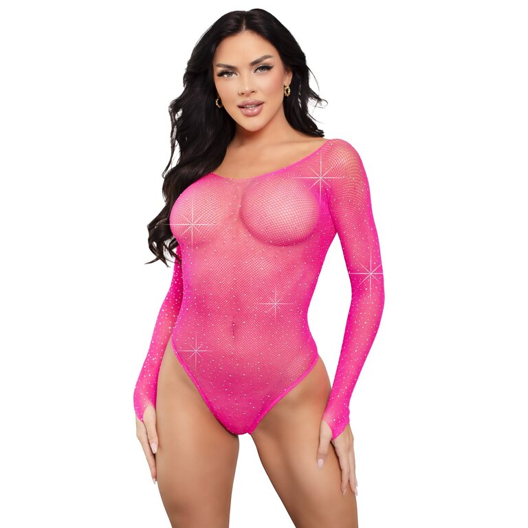 Leg Avenue Crystalized Long Sleeve Fishnet Bodysuit - Hot Pink