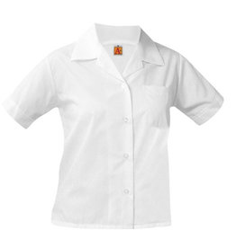 Embroidered GIRLS WHITE SHORT SLEEVE BROADCLOTH BLOUSE WITH POCKET WITH EMBROIDERED LOGO