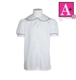 School Apparel A+ White Short Sleeve Peter Pan Blouse with Navy Piping #9361