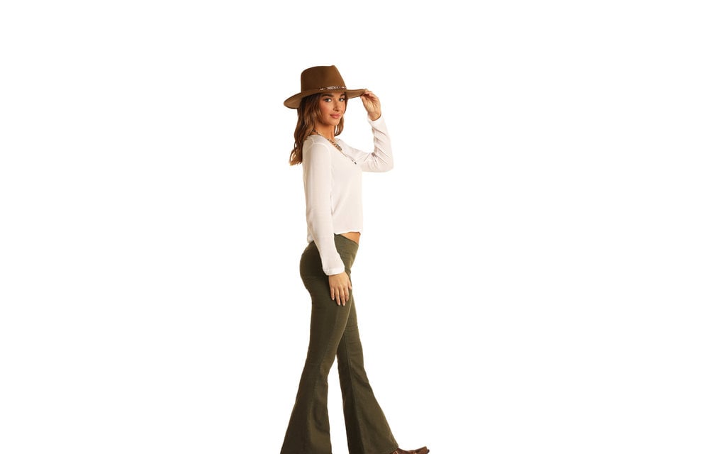 Women Olive Front Button Bell Bottom Pants