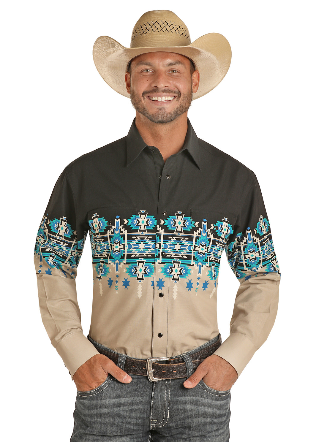 Panhandle Men's Blk/Tan/Aztec LS Shirt 