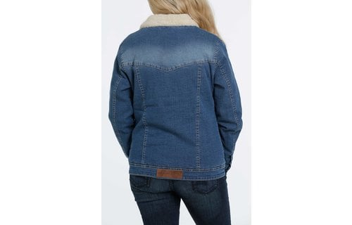 Women's Quilted Lined Denim Trucker Jacket in Scarecrow Blue