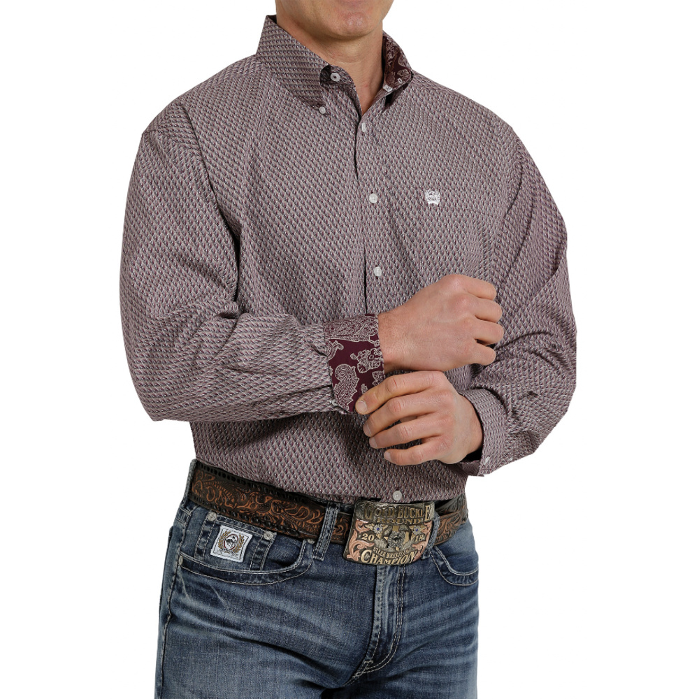 CINCH BLACK, PURPLE AND OLIVE MEDALLION PRINT BUTTON-DOWN SHIRT