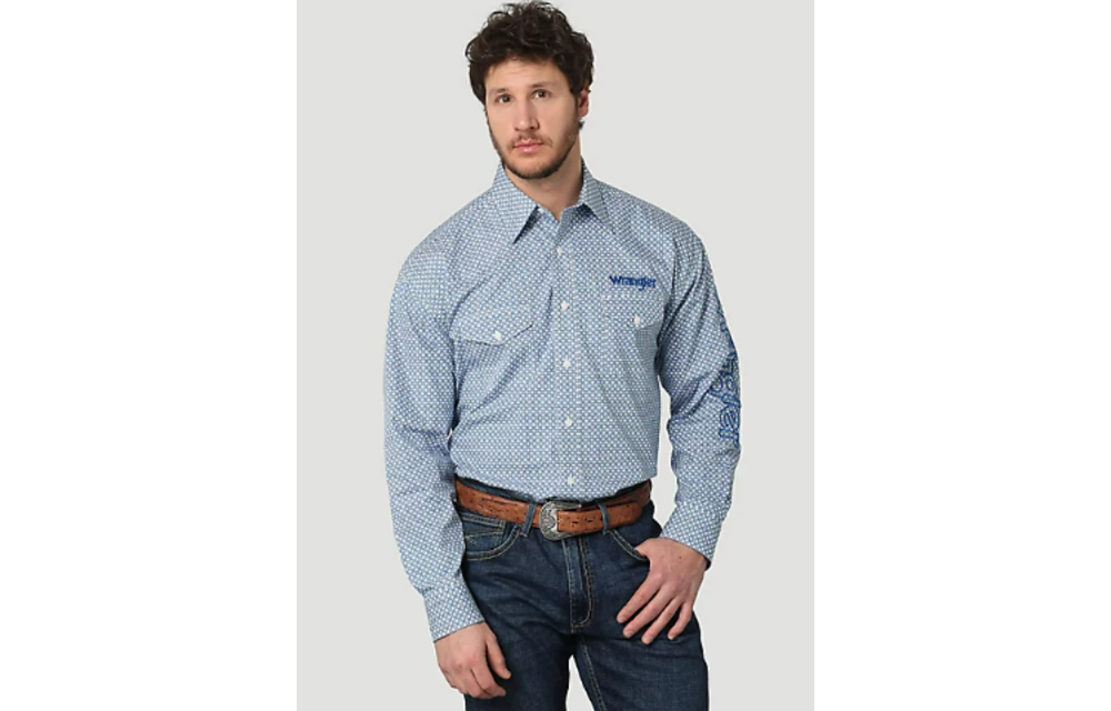 Wrangler Men's Blue Logo LS Shirt 2314906 - Corral Western Wear
