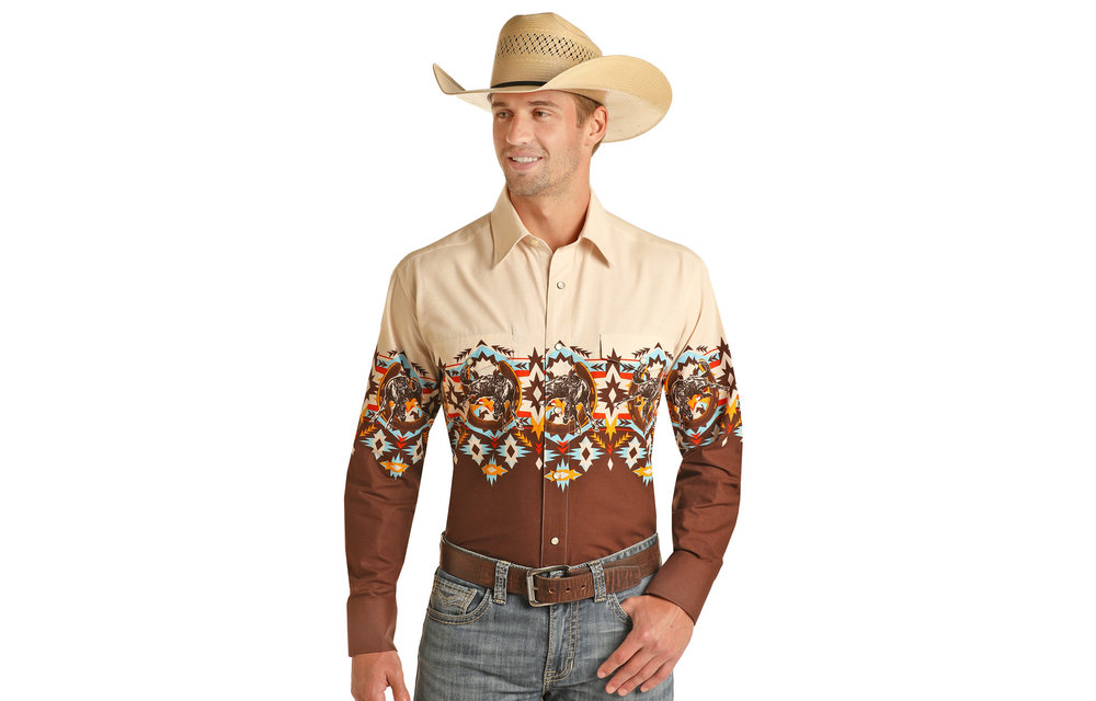 R&R COWBOY MENS TAN/BRN LS SHIRT PHMSOSRZ5Y - Corral Western Wear