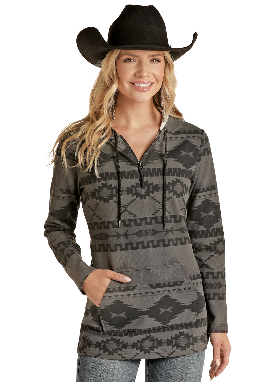 Panhandle Ladies Black/Grey Aztec Hoodie PRWO91RZXN - Corral Western Wear