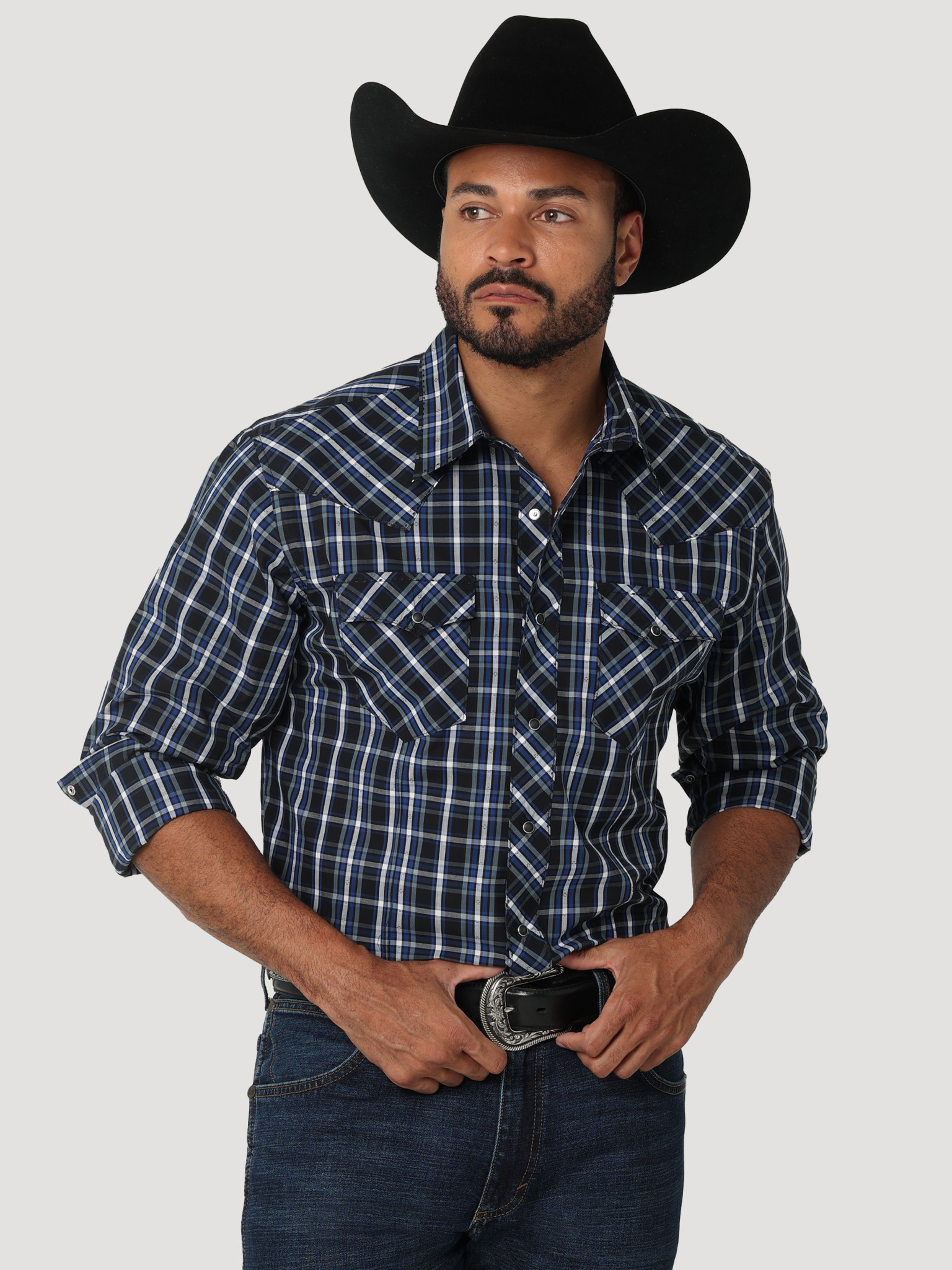 Wrangler Men\'s Black/Blue Plaid LS Wear 2318682 Corral Shirt Western 