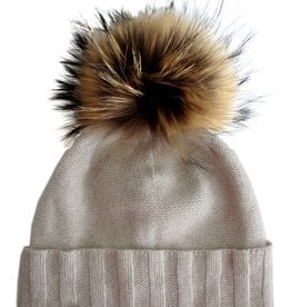 Beige Cashmere Rolled out cuff beanie w/Raccoon pompom