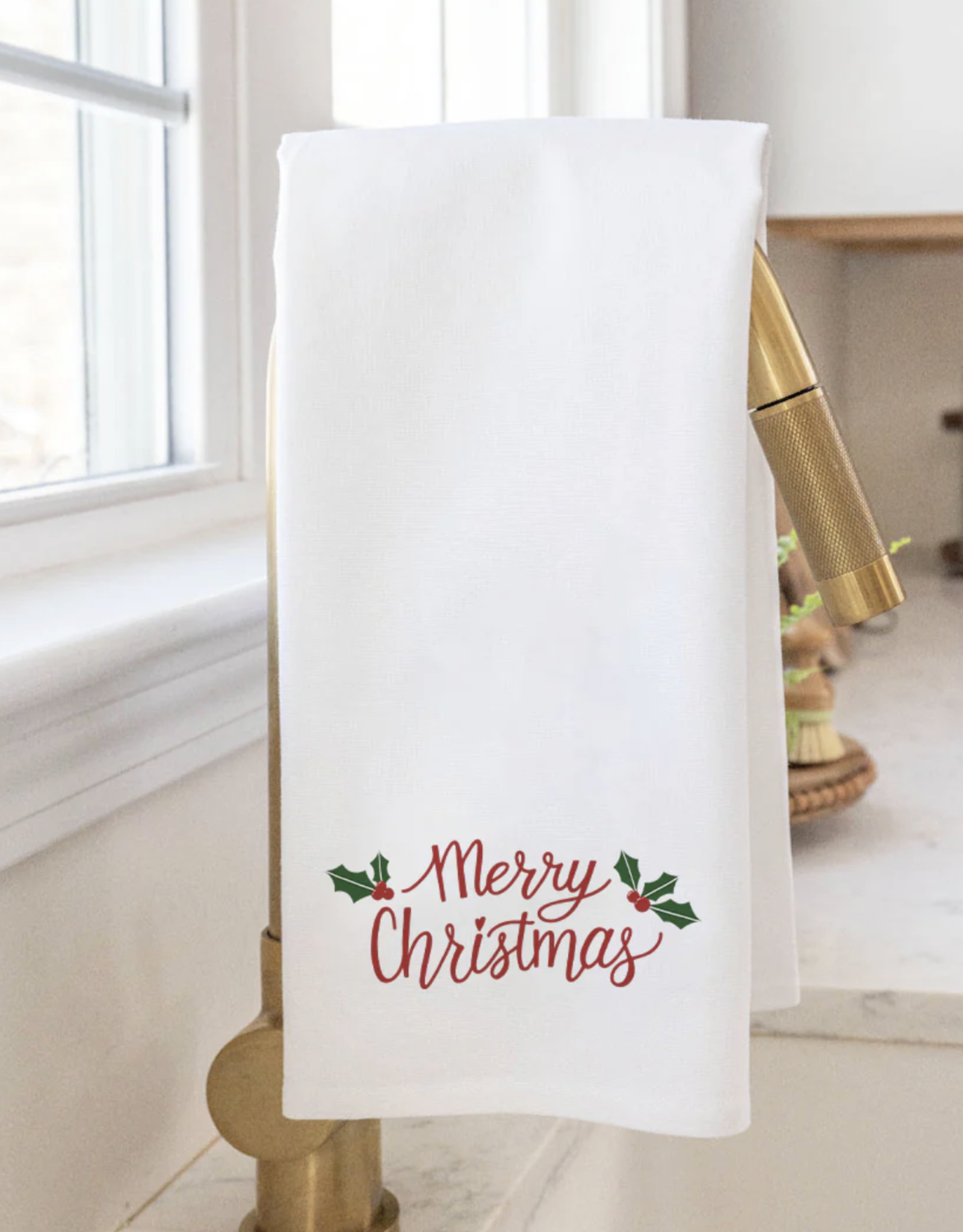 Rustic Marlin Tea Towel Holly Leaves Merry Christmas