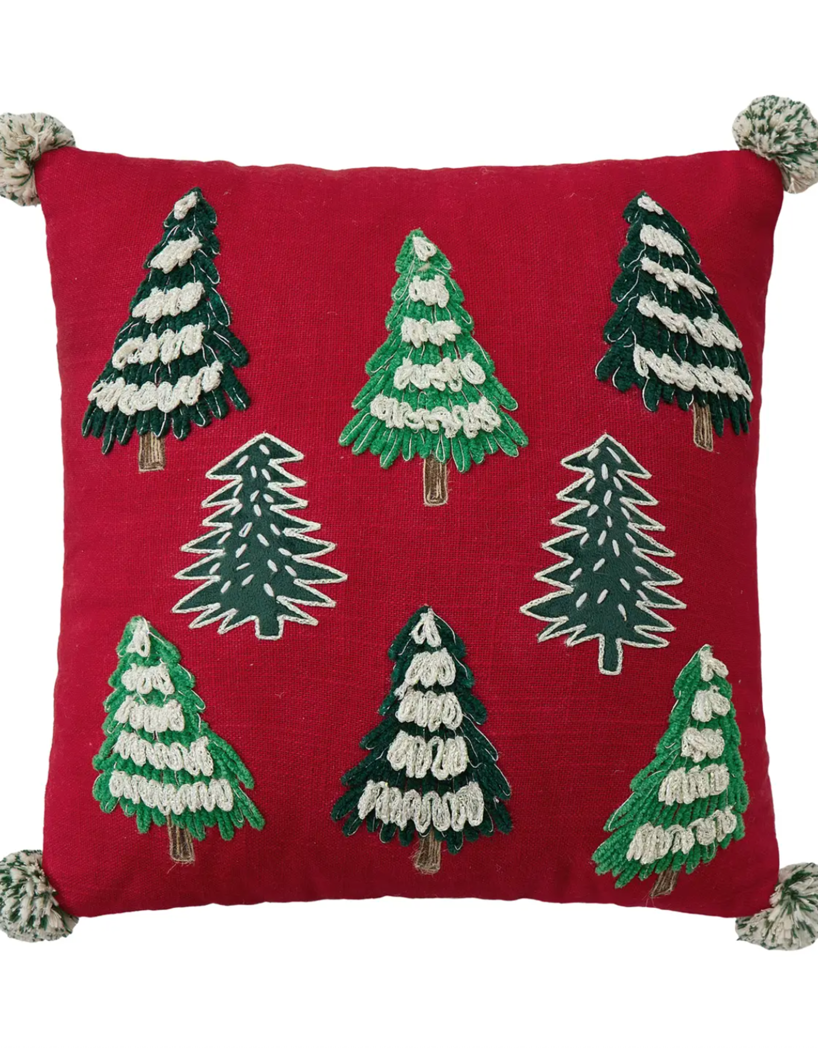 Christmas Trees Pillow w/ Pom Poms