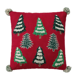 Christmas Trees Pillow w/ Pom Poms