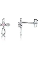 Cherished Moments Cross Earrings Pink CZ Sterling Silver Screw Back