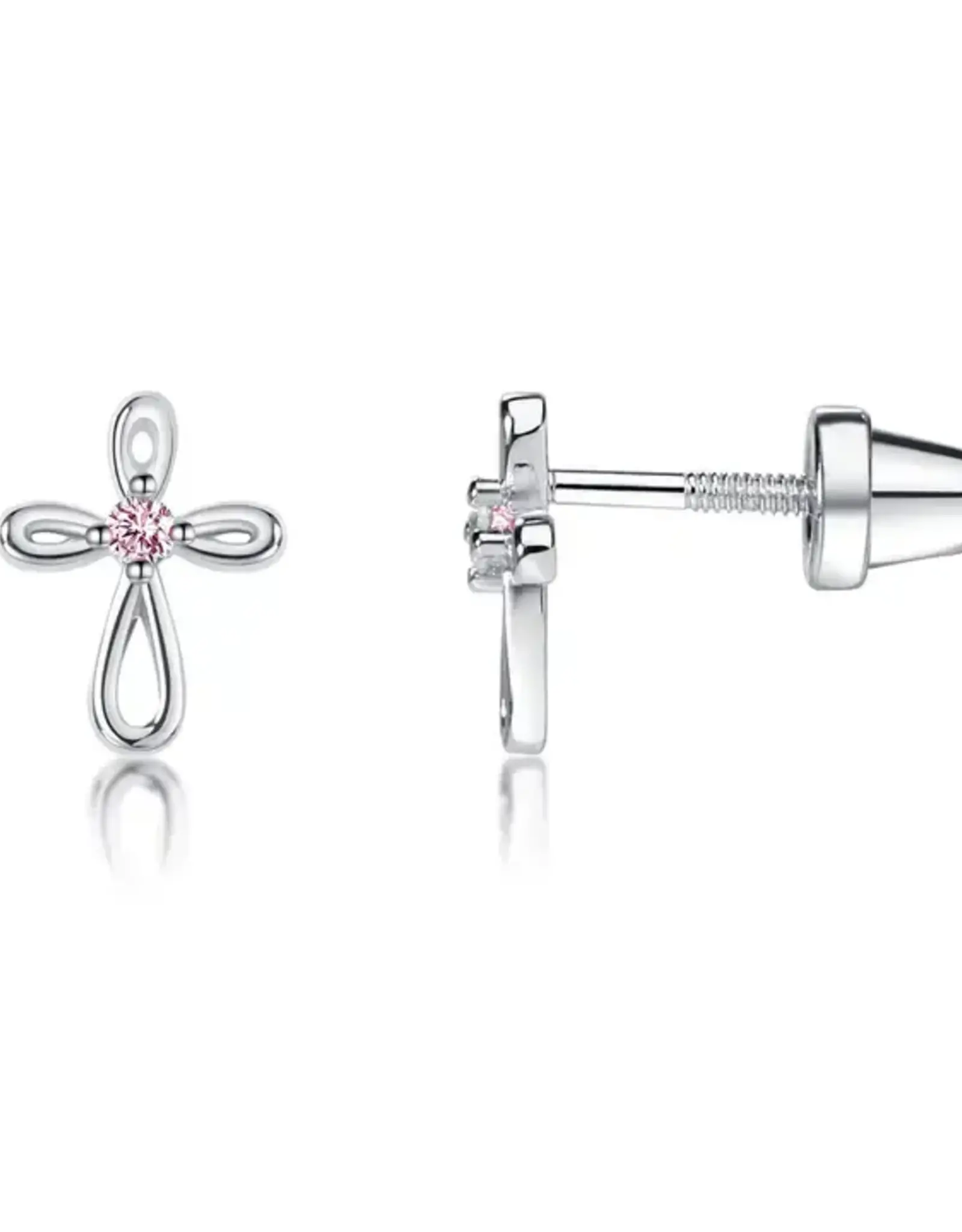 Cherished Moments Cross Earrings Pink CZ Sterling Silver Screw Back