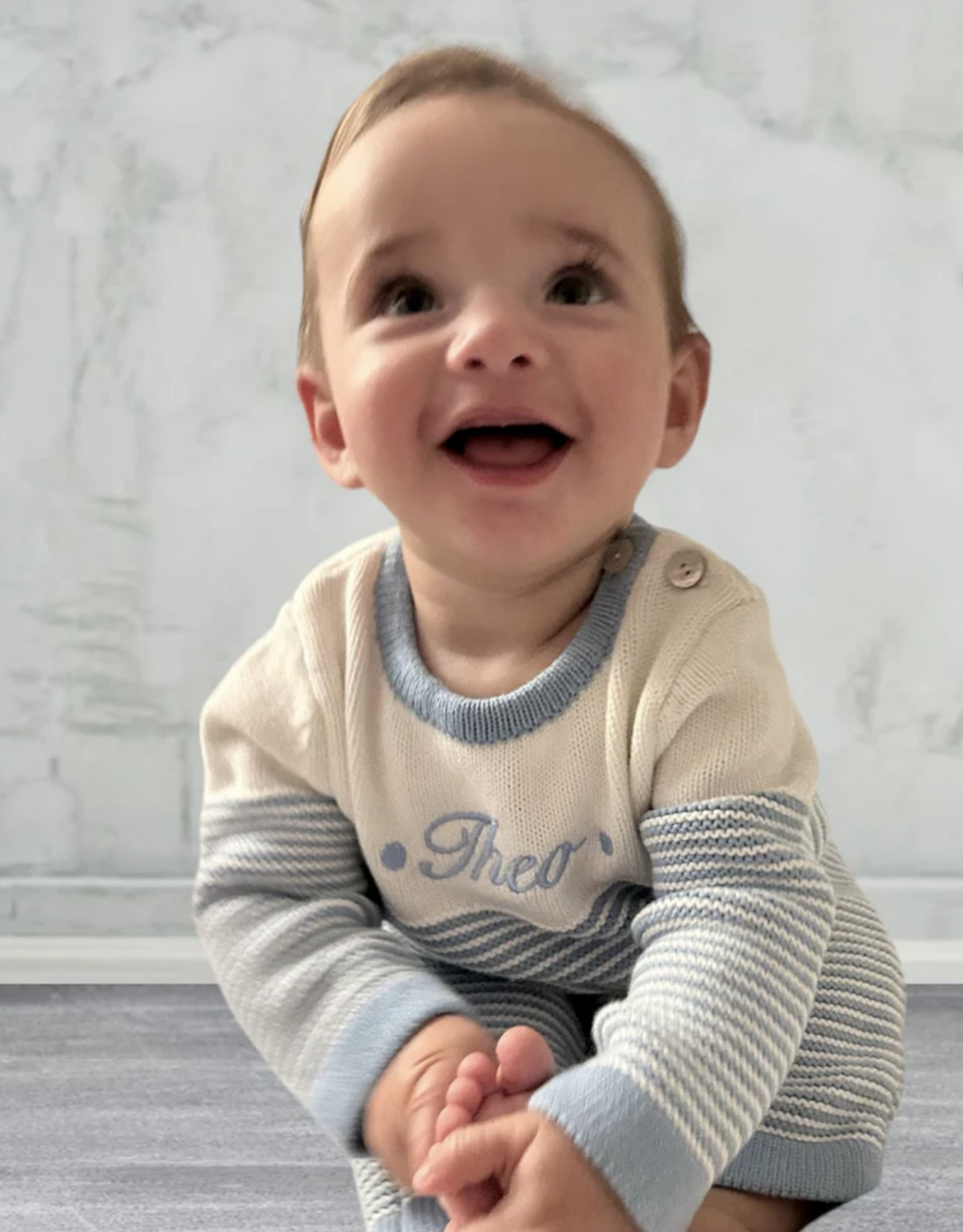A Soft Idea Seed Stitch Striped Cotton L/S Onesie Blue
