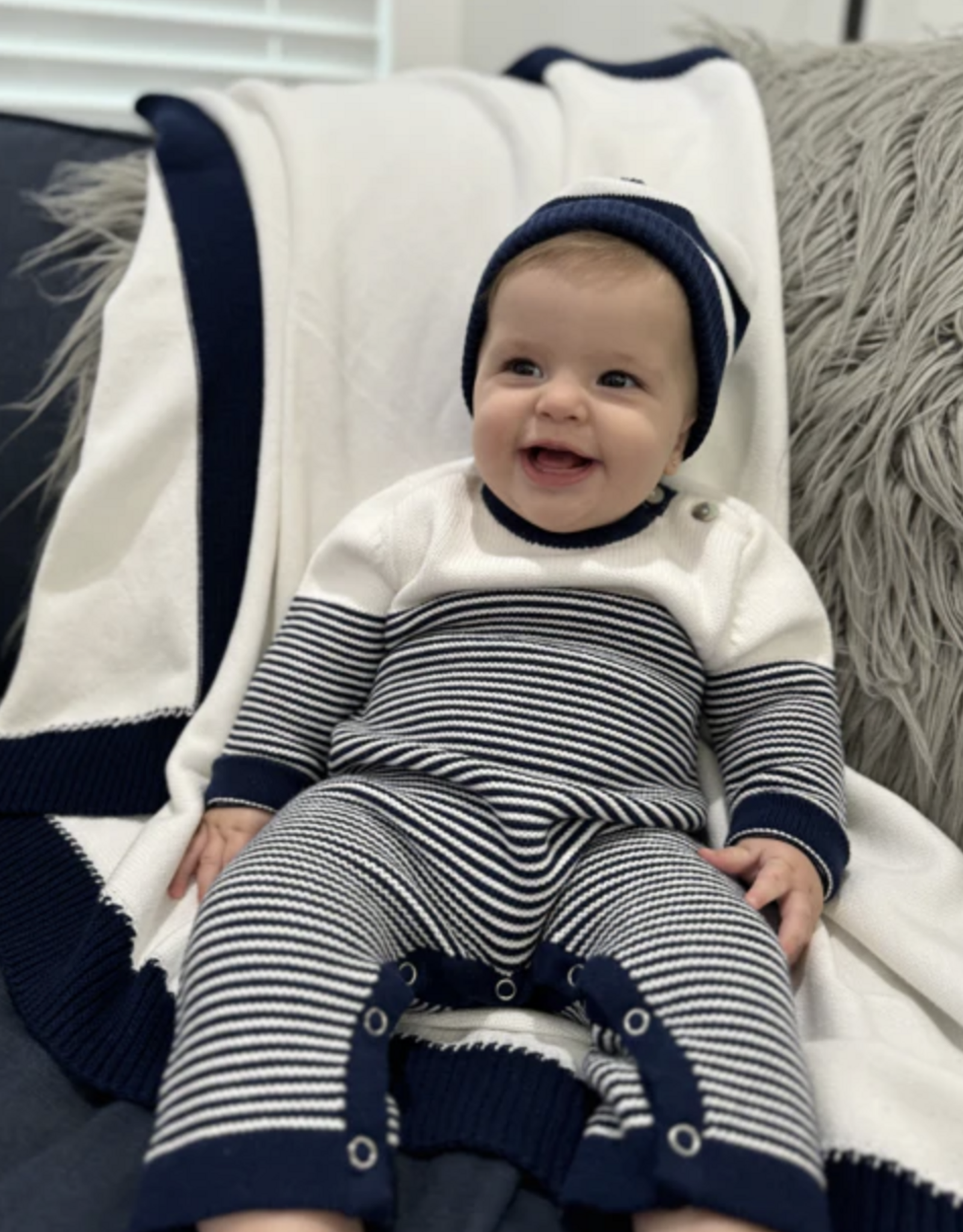 A Soft Idea Seed Stitch Striped Cotton L/S Onesie Navy
