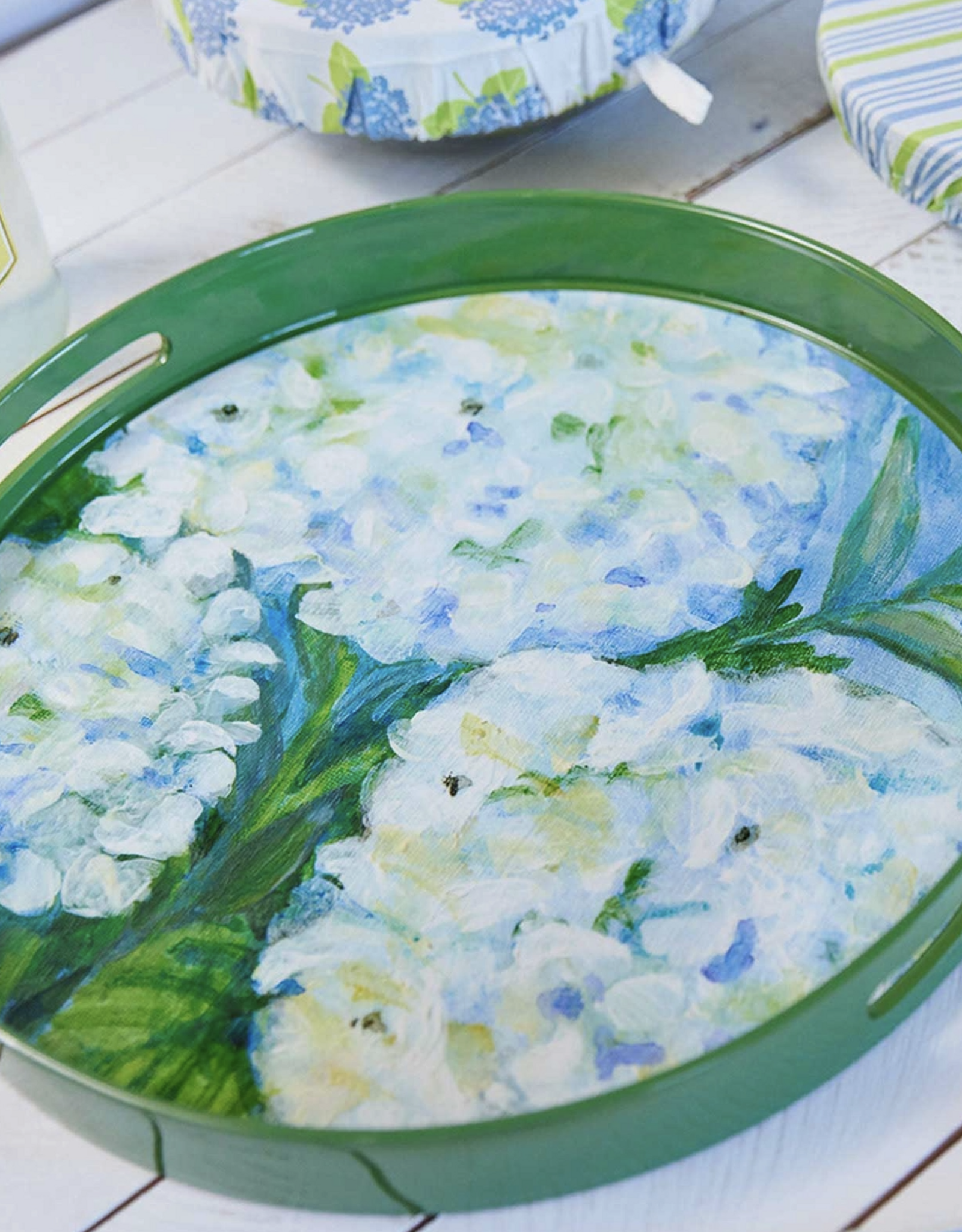 Rockflowerpaper White Hydrangeas Round Laquer Serving Tray |