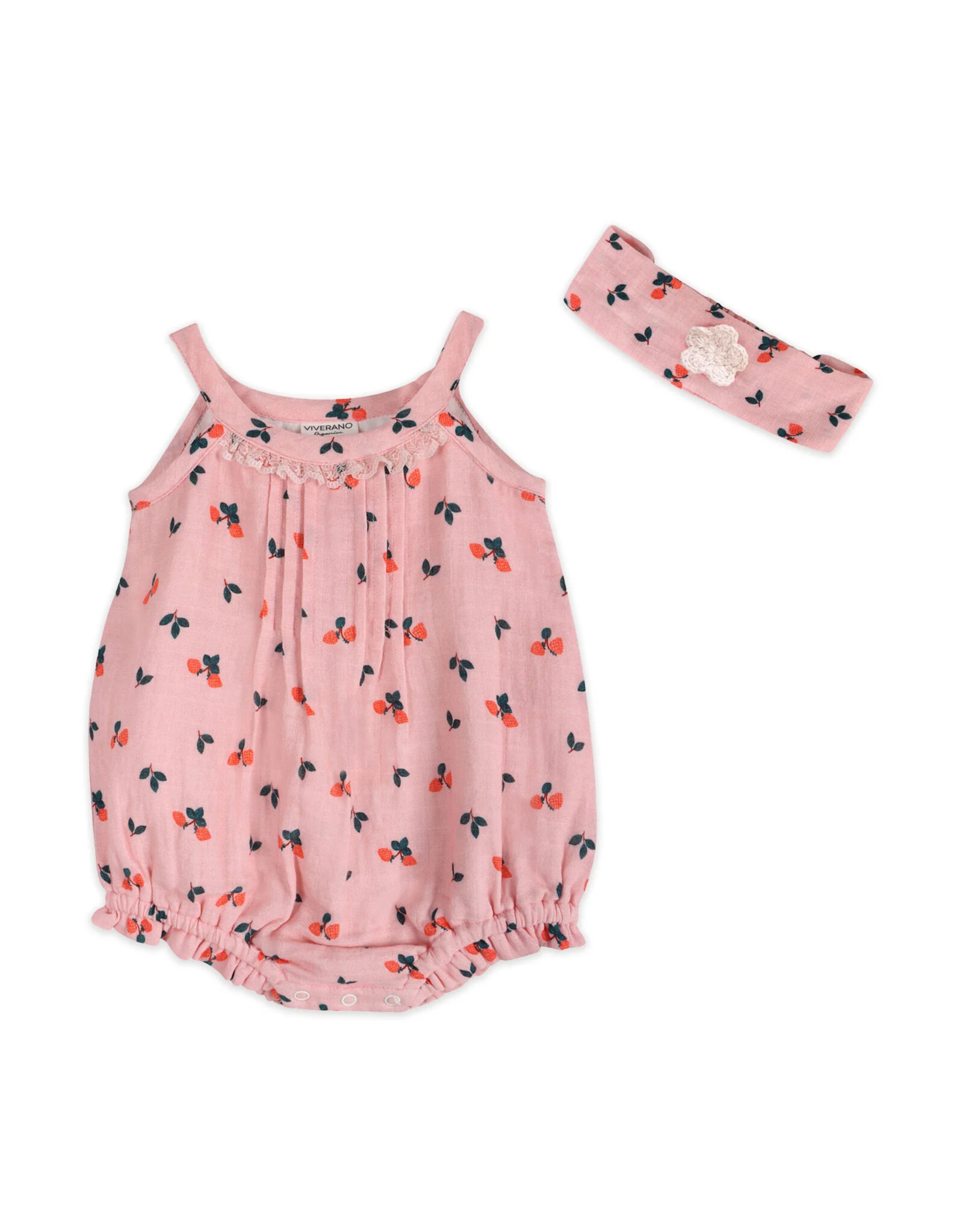 Viverano Organics Strawberry Baby Romper + Headband (Organic Muslin)
