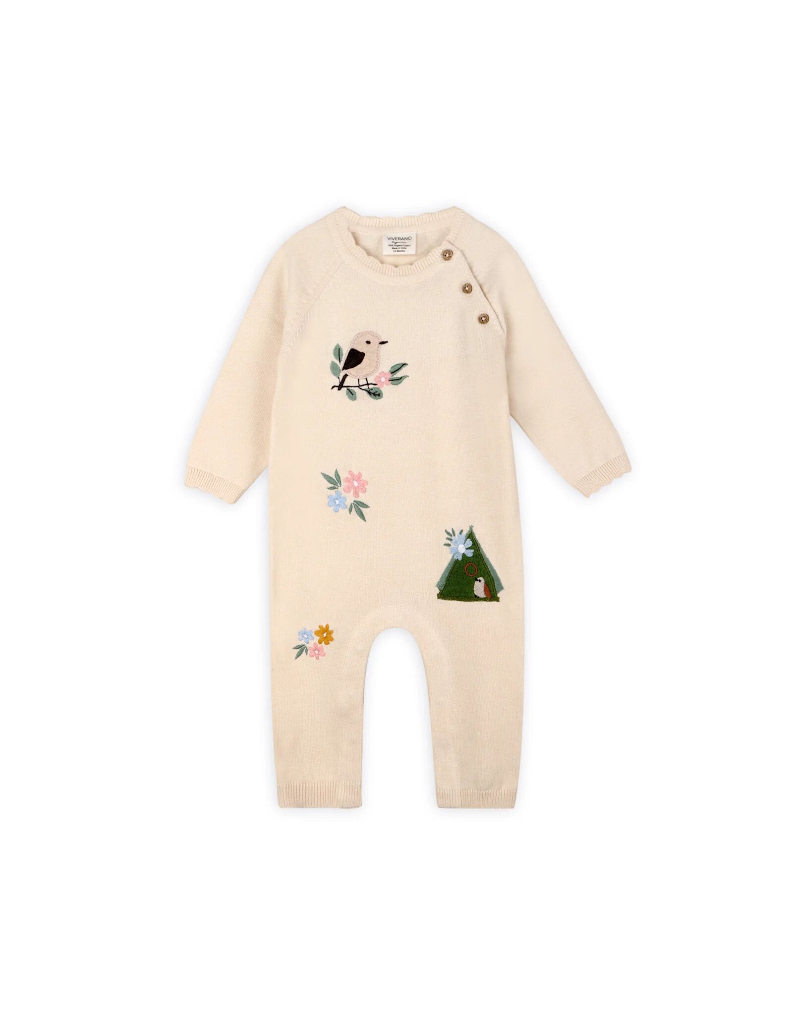 Viverano Organics Bird & Floral Embroidered Baby Knit Jumpsuit (Organic Cotton)