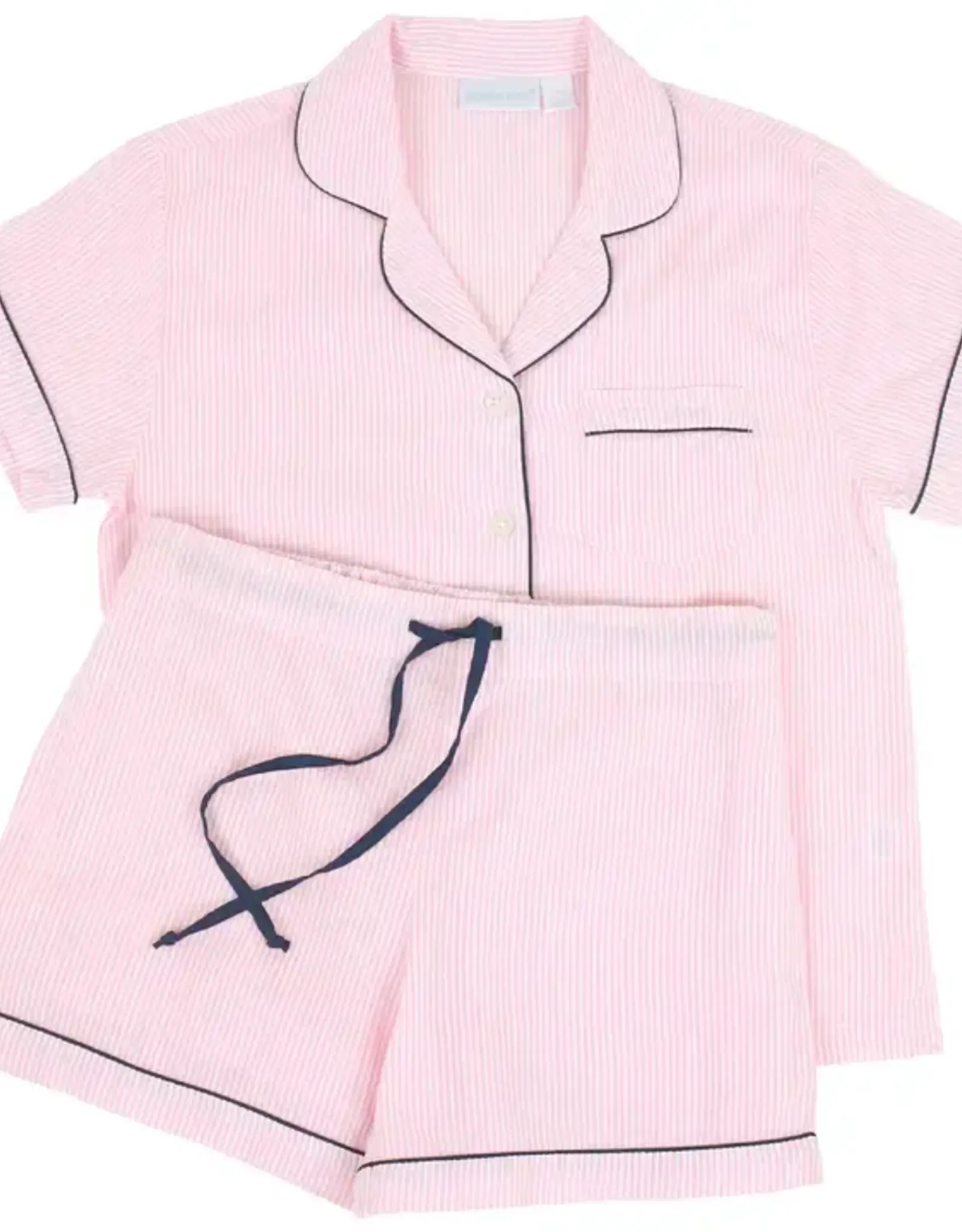 Needham Lane Short Sleeve Shorty Pajamas- Pink Seersucker/Navy