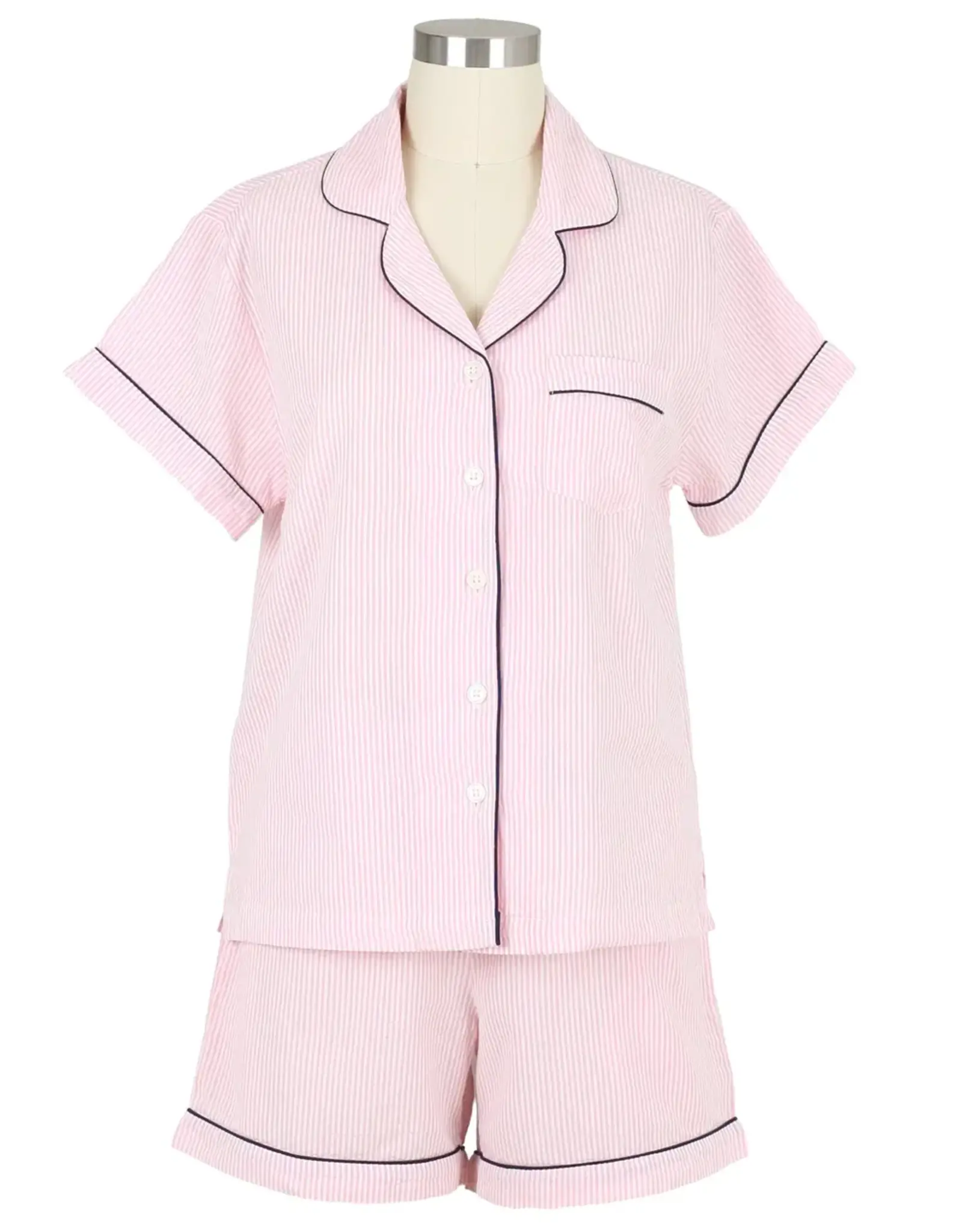 Needham Lane Short Sleeve Shorty Pajamas- Pink Seersucker/Navy