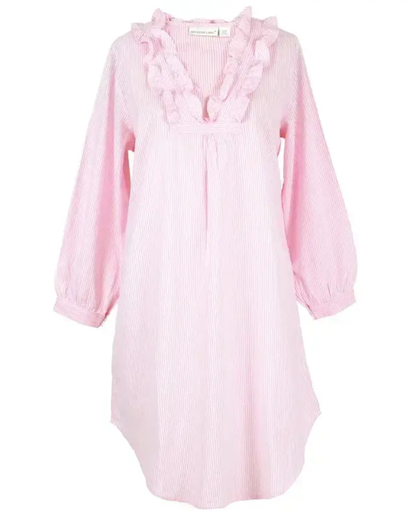 Needham Lane Long Sleeve Ruffled Nightgown- Pink Seersucker