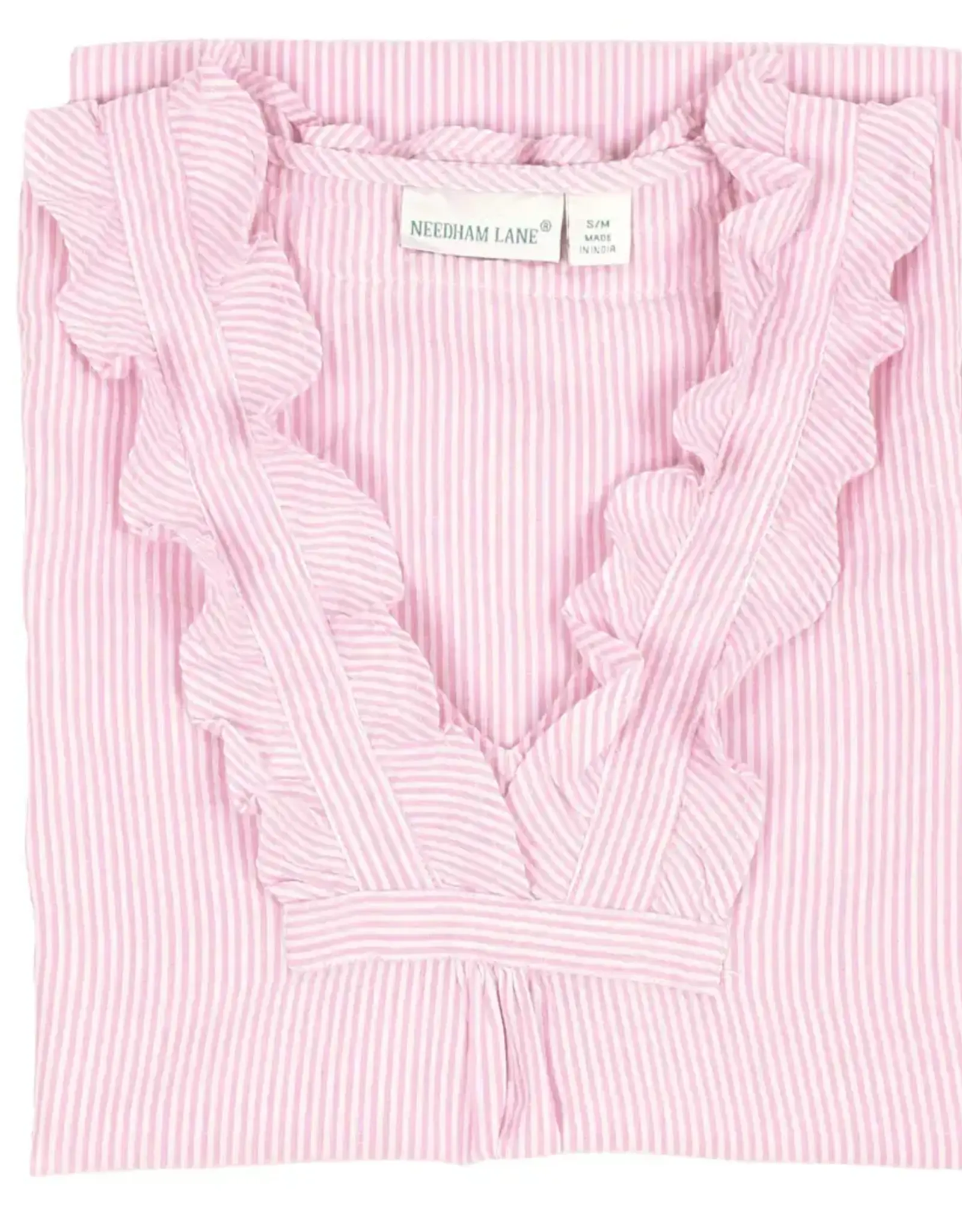 Needham Lane Long Sleeve Ruffled Nightgown- Pink Seersucker