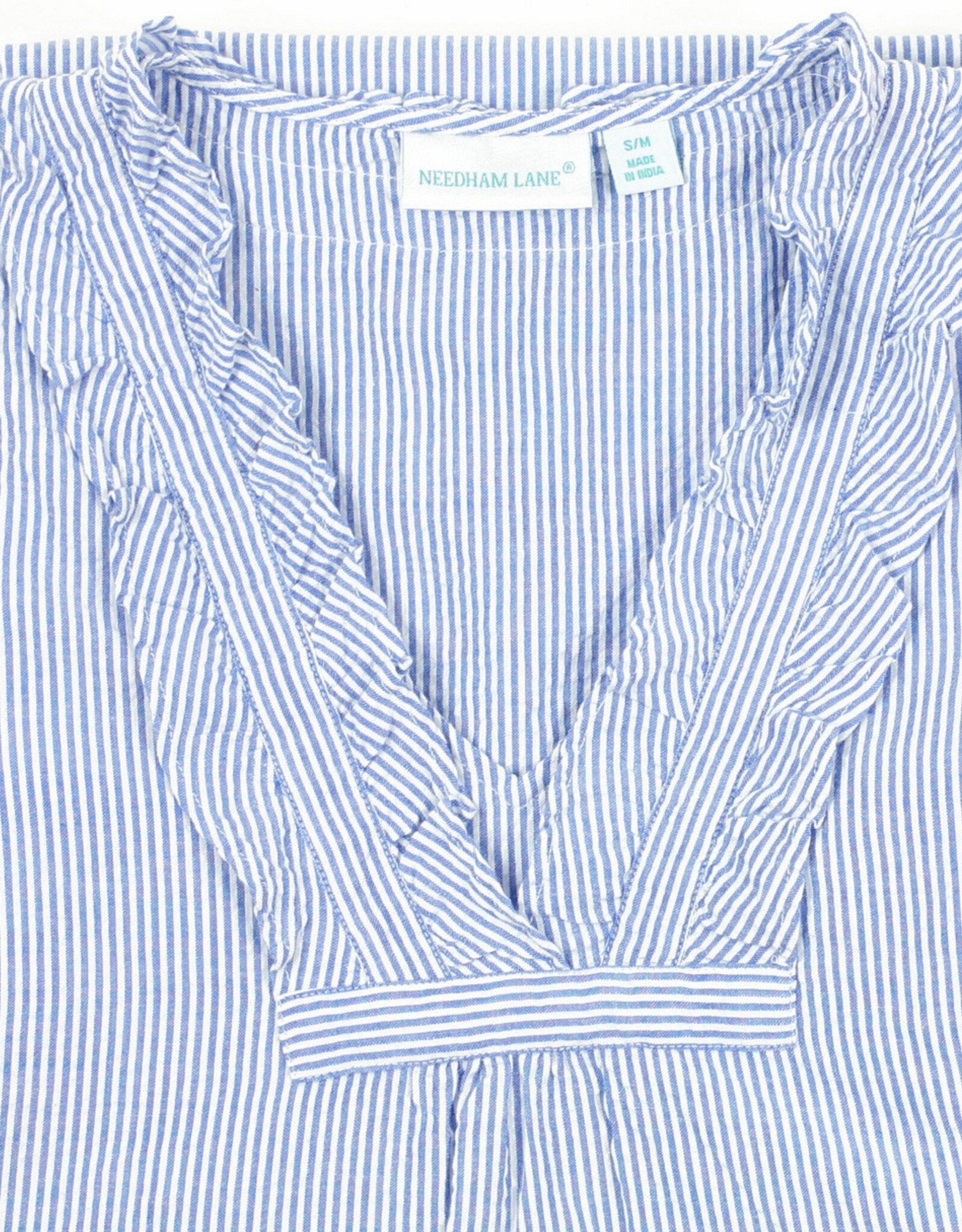 Needham Lane Blue Seersucker Sleeveless Ruffled Nightgown