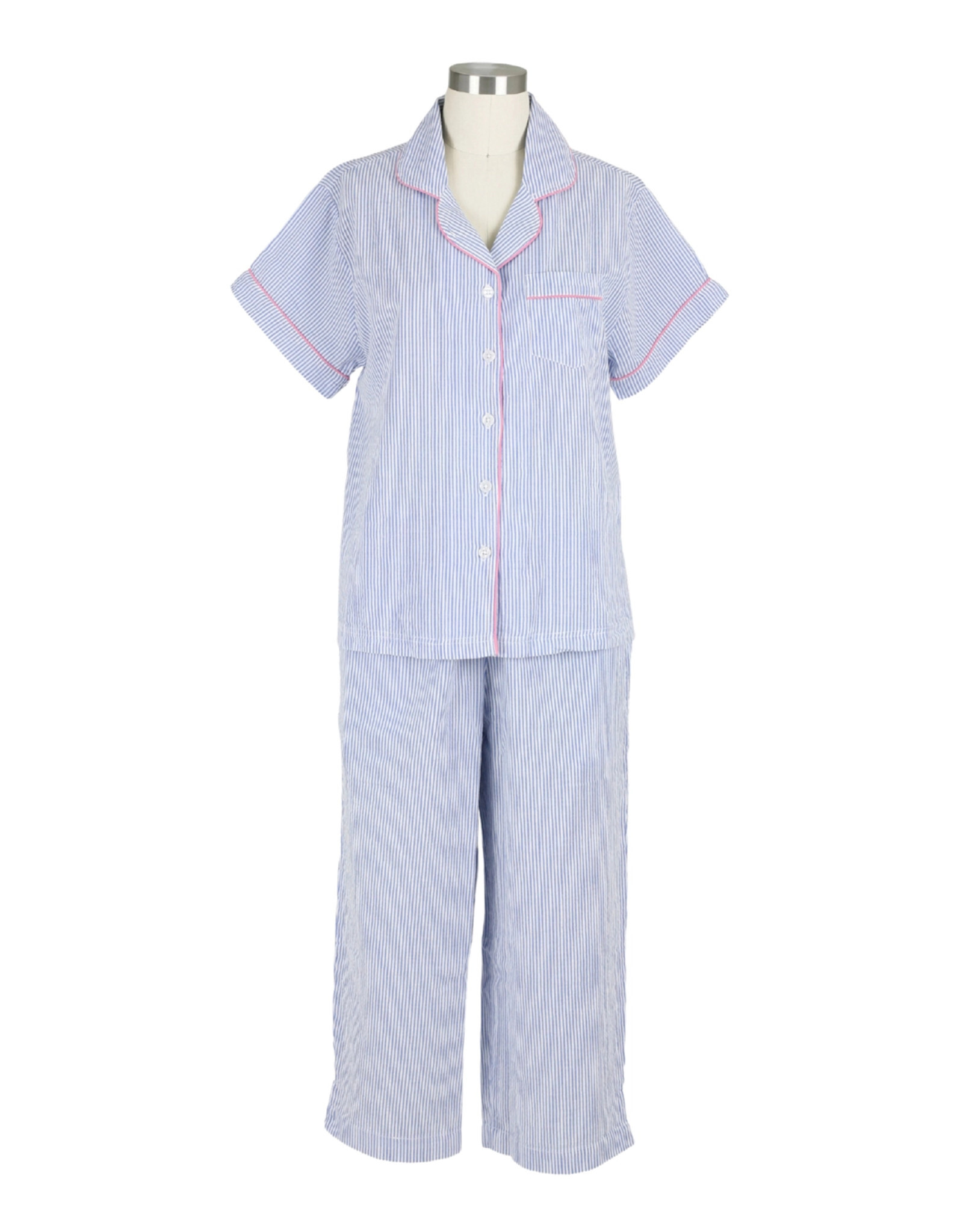 Needham Lane Blue Seersucker Pink Short Sleeve Capri Pajamas