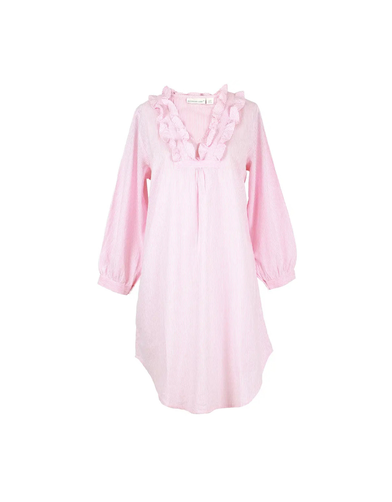 Needham Lane Pink Seersucker Long Sleeve Ruffled Nightshirt