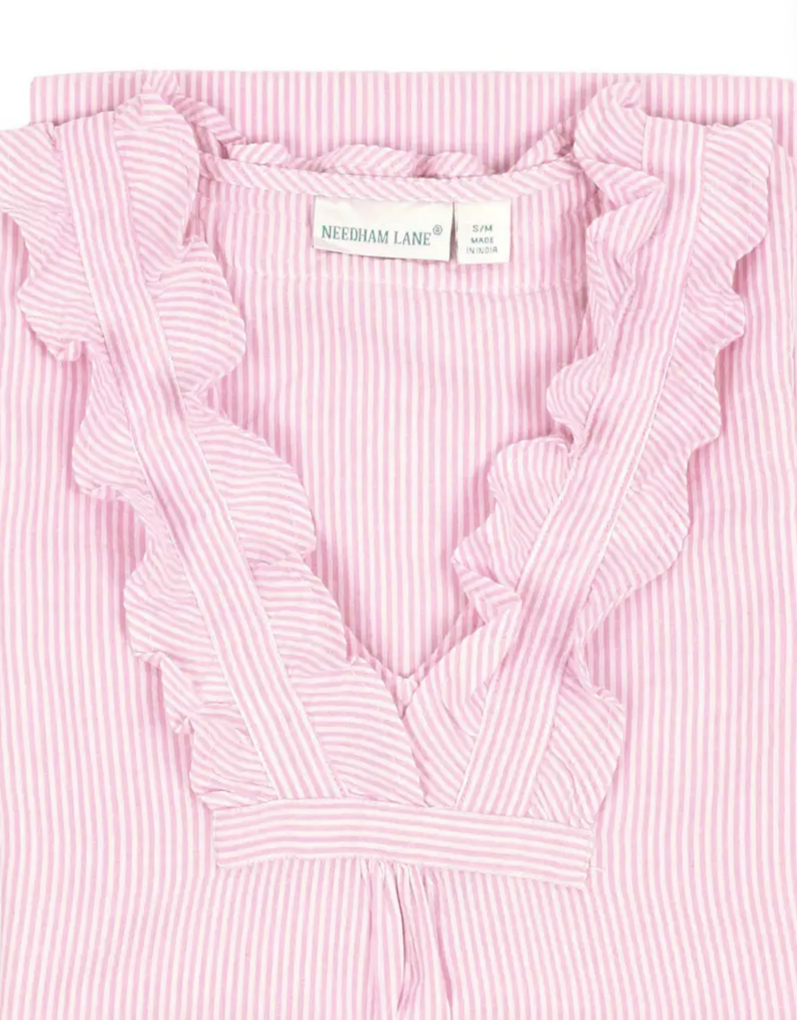 Needham Lane Pink Seersucker Long Sleeve Ruffled Nightshirt